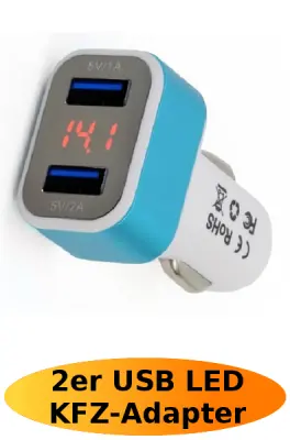 2er USB KFZ Adapter mit LED Anzeige - Weiß-Blau - Neu