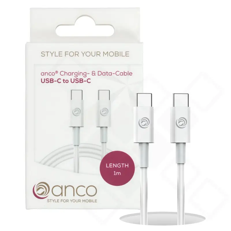 anco USB-C auf USB-C Lade- und Datenkabel 5A 40W 1m – Weiß
