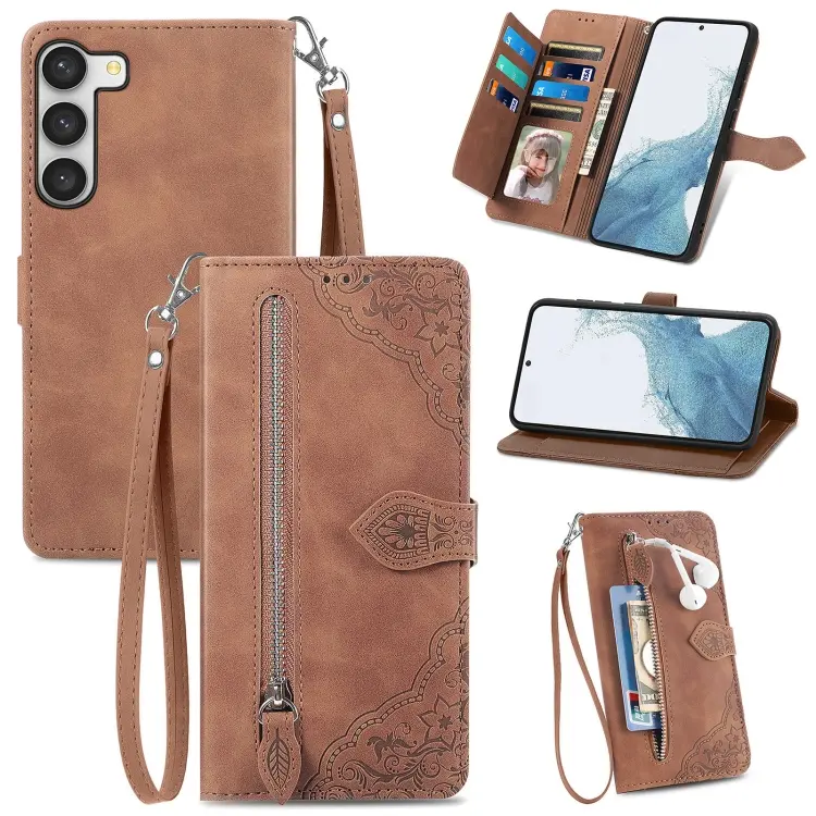 Embossed Flower Zipper Leather Phone Case