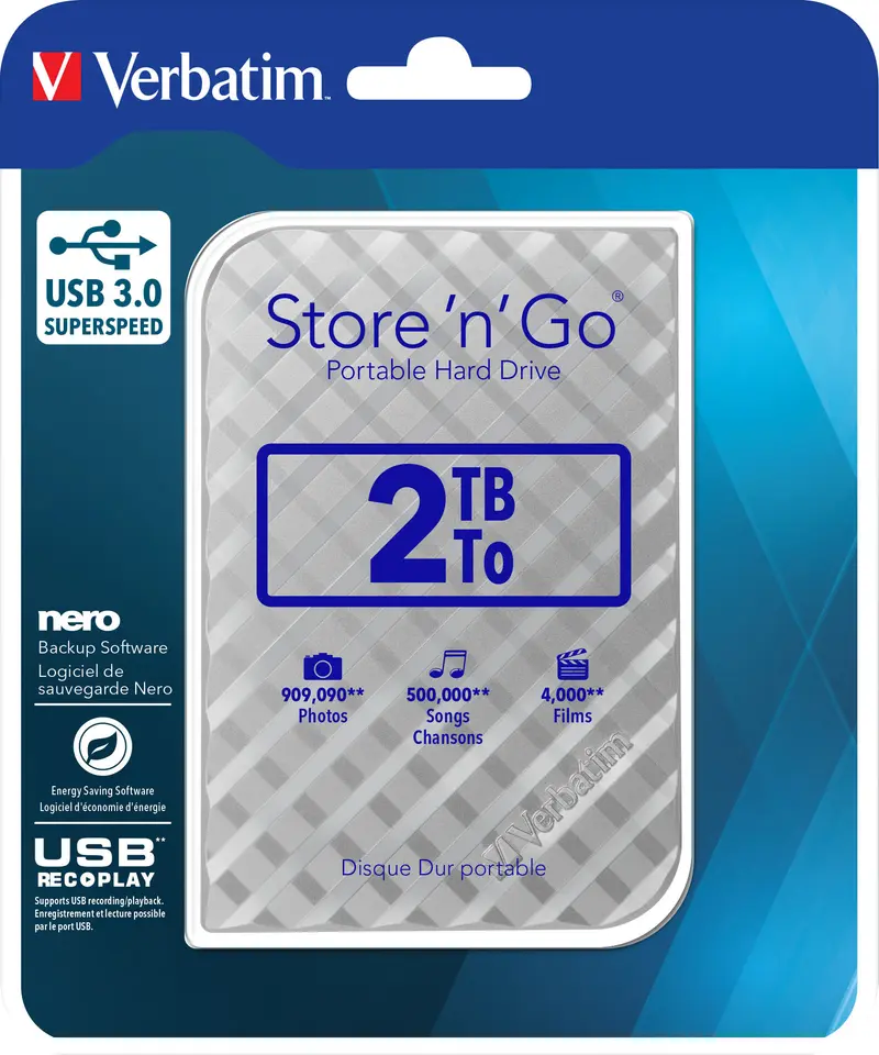 VERBATIM Festplatte 2TB, USB 3.0, 6.35cm (2.5''), silber