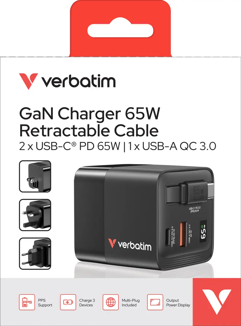 VERBATIM Ladeadapter, GaN, 65W, Retractable, schwarz