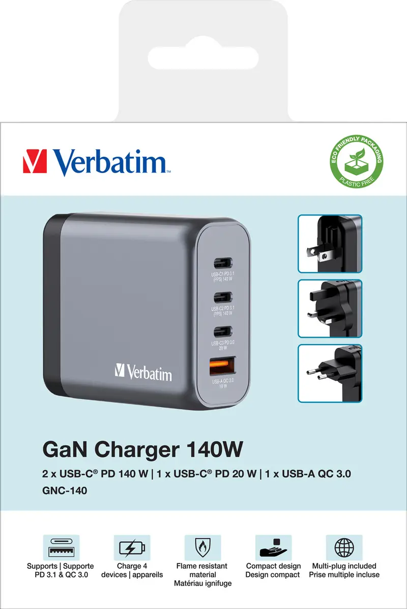 VERBATIM Ladeadapter, Universal, GNC-140, GaN, 140W, grau