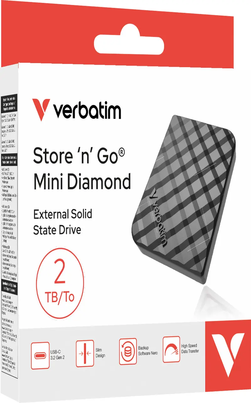 VERBATIM SSD 2TB, USB 3.2, Typ A-C, Mini Diamond, schwarz