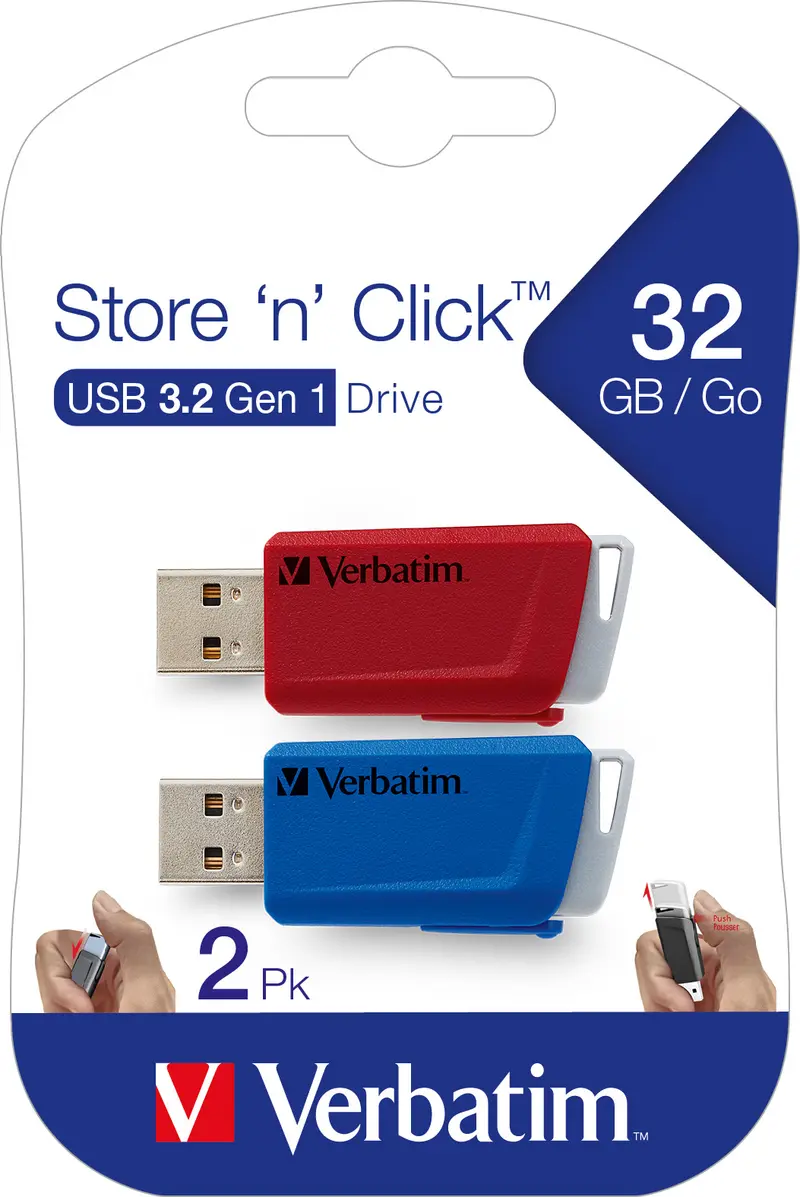 VERBATIM USB 3.2 Stick 32GB, Store'n'Click, rot-blau