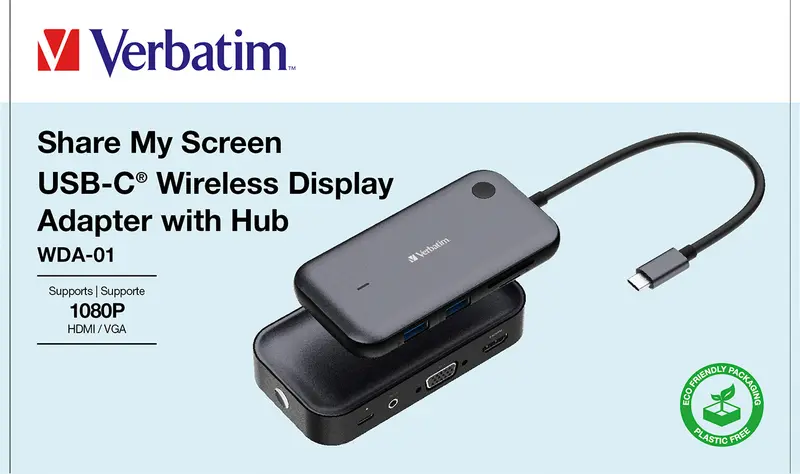 VERBATIM Wireless Adapter, Share My Screen, USB-C, HDMI, Full HD
